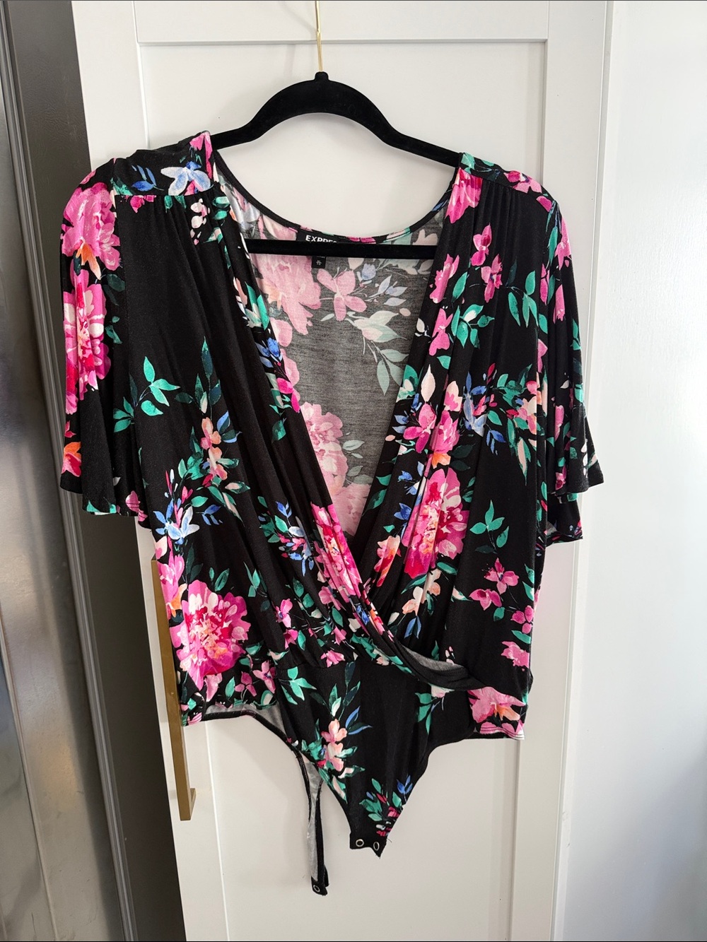 Express Black Floral Surplice Bodysuit Top - Pink & Teal Accents